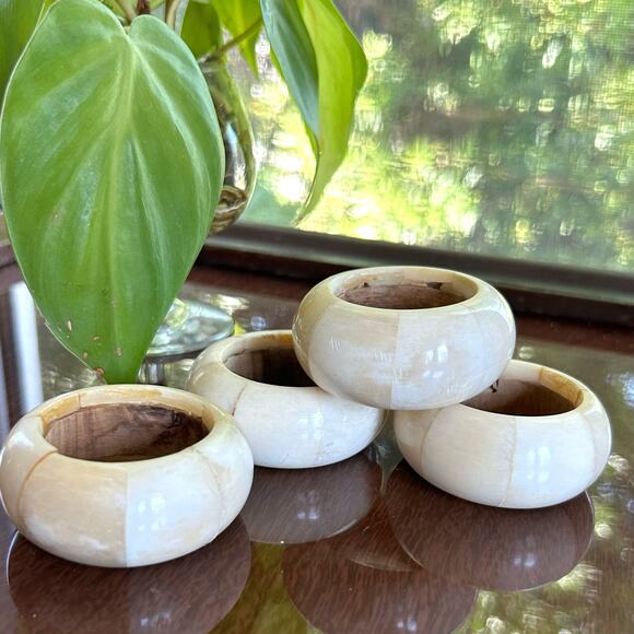 Vintage AUDREY Napkin Rings Soap Stone with Wood Core Set of 4 - Picture 6 of 11